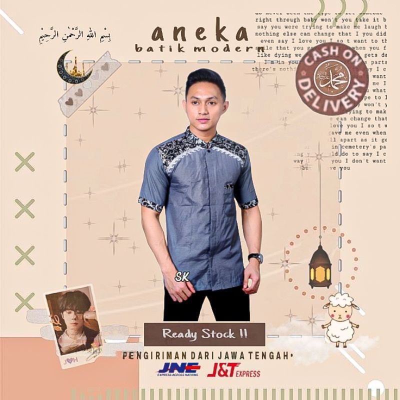 BAJU KOKO BORDIR KOMBINASI BATIK LENGAN PENDEK WARNA ABU SILVER GREY HITAM LEBARAN MURAH