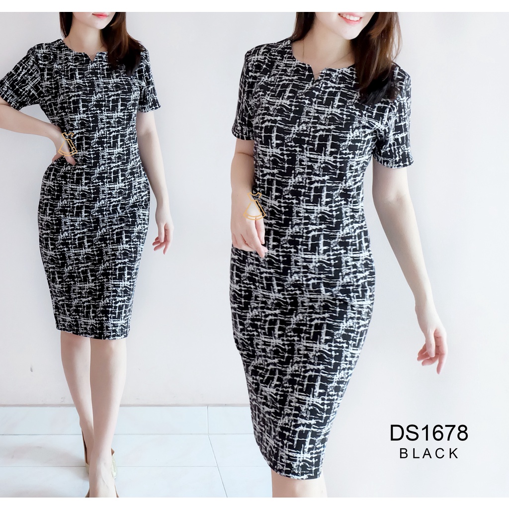 DS1678 - Dress Midi Wanita Basic Scuba Stretch Sepan Bodycon Slim Casual Look