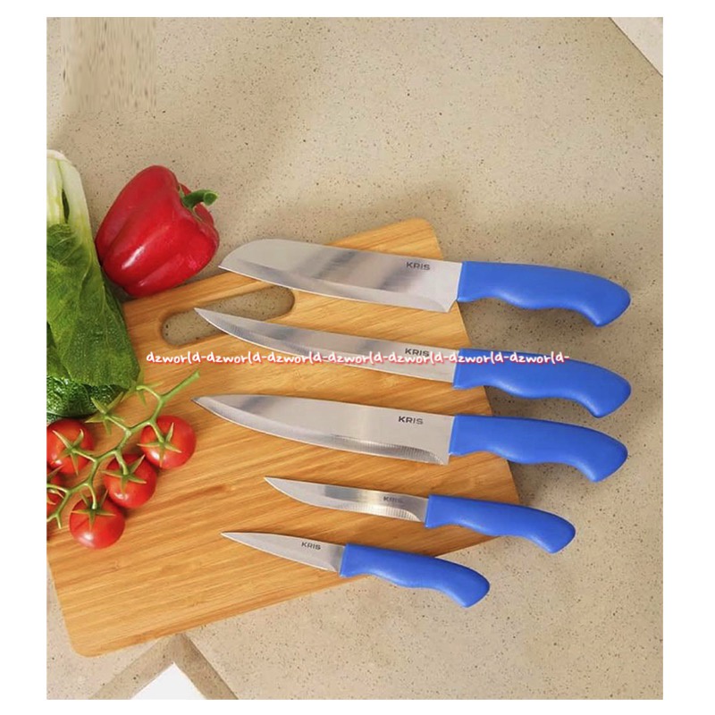 Krischef Blue Knife Set 5pcs Pisau Dapur Warna Biru 1set Dengan Tempat Box Bulat Blue Holder Kris Chef Blue Knifeset