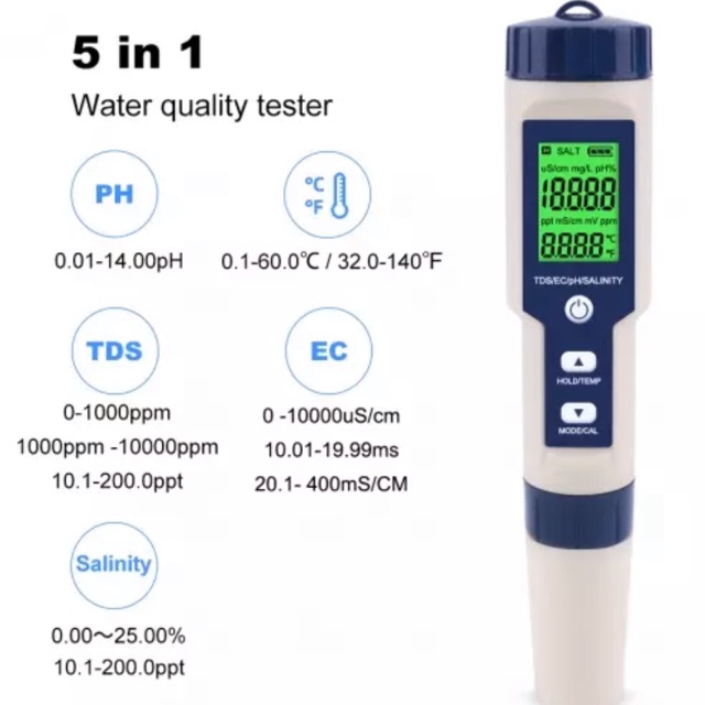 EZ-9909 5 In 1 Alat Ukur Uji Kualitas Air PH TDS Salinity EC Suhu Salinity TDS EC Temperature PH Met