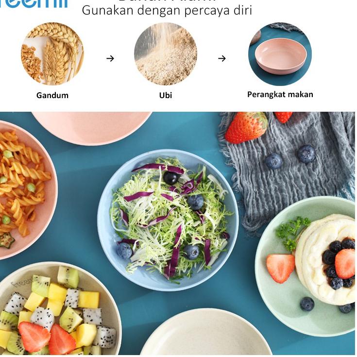 Tren Kekinian.. freemir Piring (4 IN 1) Wheatstraw Round Plate Dish BPA free Warna Warni set 4 Pcs M
