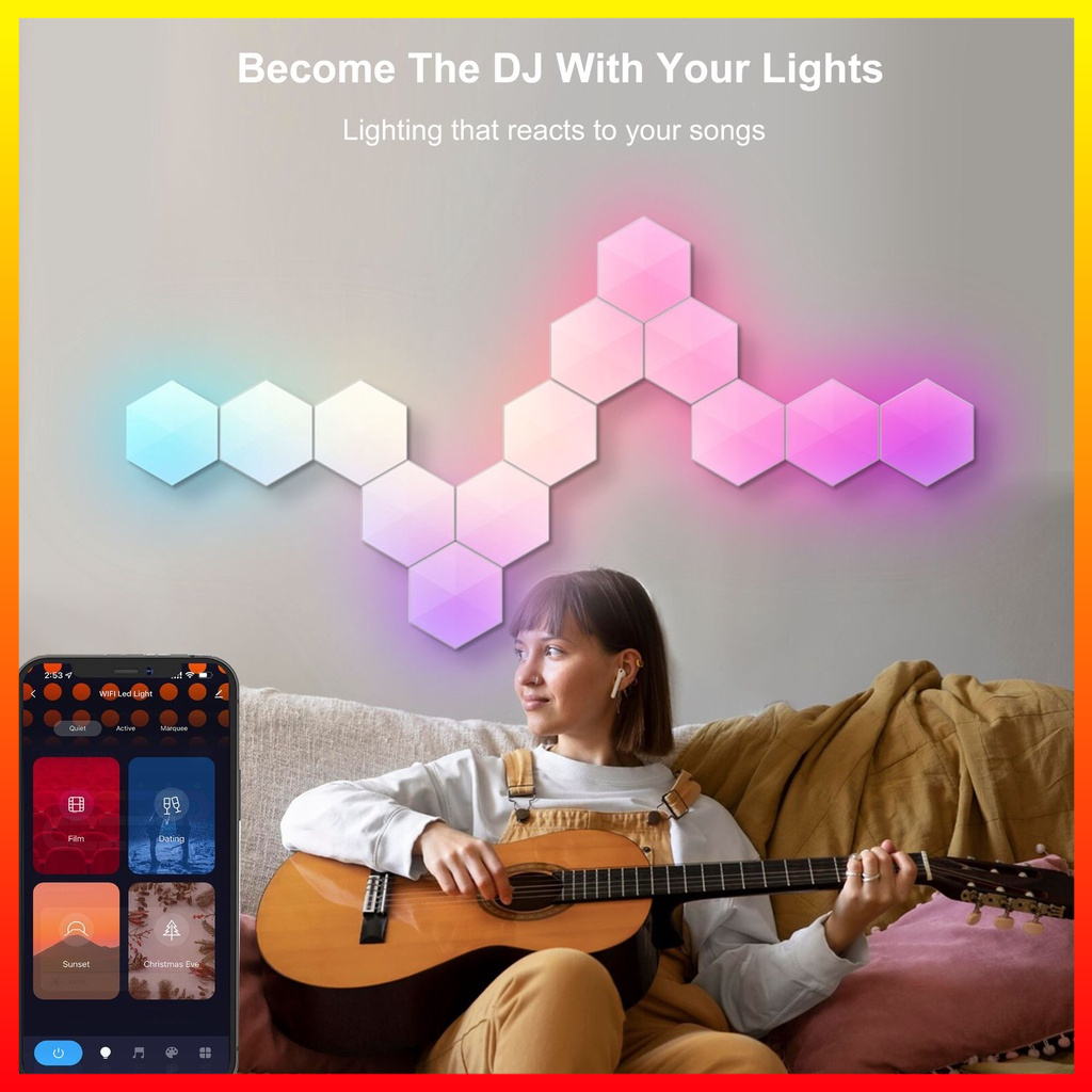 LED RGB App Control 6 PCS Lampu Dekorasi Hexagonal Sarang Lebah Dinding Quantum Light Kontrol Suara Yabstrip - 7CLL2DWH