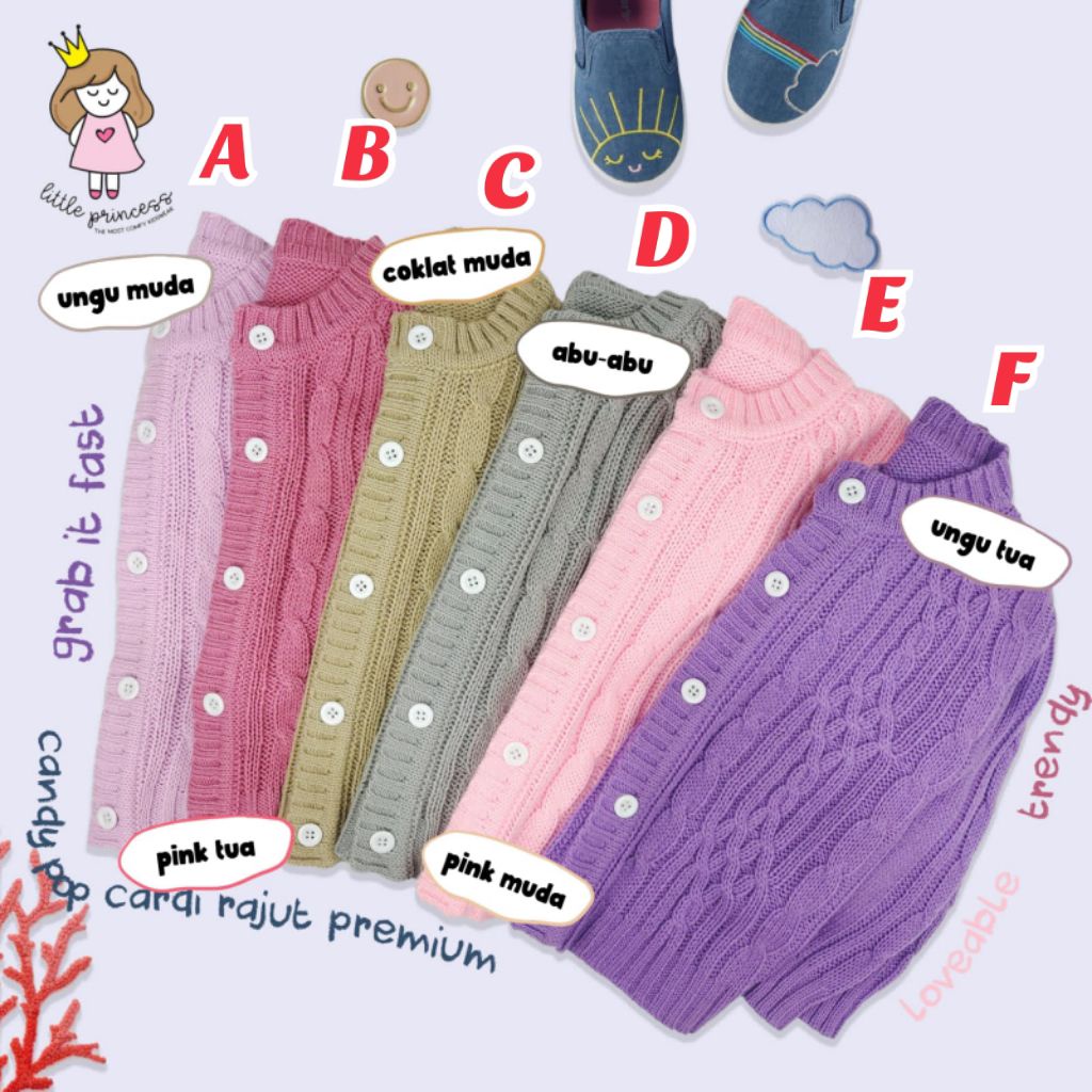 CARDIGAN RAJUT ANAK PEREMPUAN CANDY POP CARDI RAJUT PREMIUM BY LITTLE PRINCESS USIA 3 - 8 TAHUN