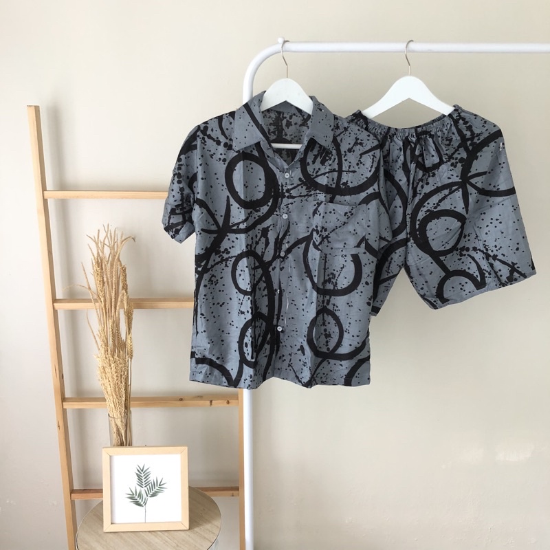hirafa - One Set Setelan Atas Bawah Full Kancing / Baju Santai Tie Dye / Baju Wanita Pria-Ring - Grey
