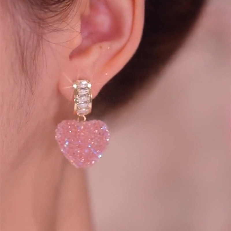 Anting Bentuk Hati Warna Pink Aksen Berlian Imitasi