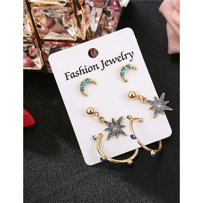 LRC Anting Tusuk Fashion Gold 3 Pairs Of Rhinestone-studded Geometric C-shaped Earrings D32562