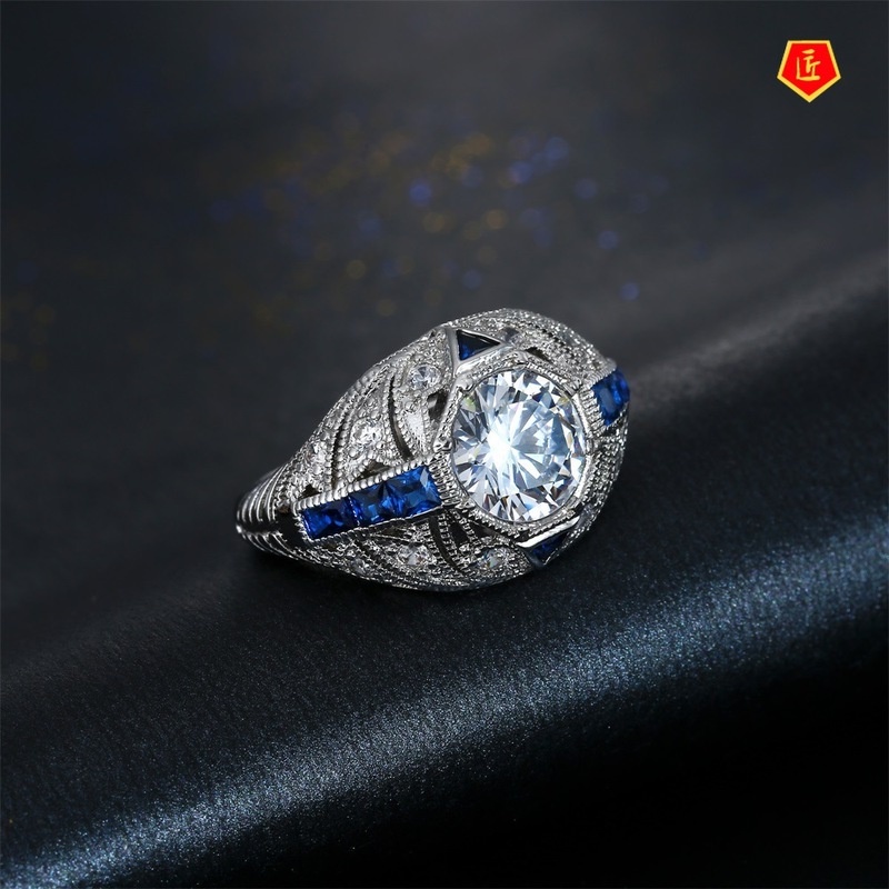 [Ready Stock]Elegant 925 Silver Sapphire Diamond Ring