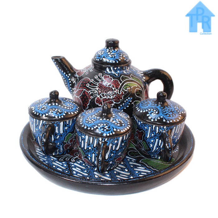 Gerabah Tea Set Premium - Poci Batik Tulis - Motif Spiral Bunga B