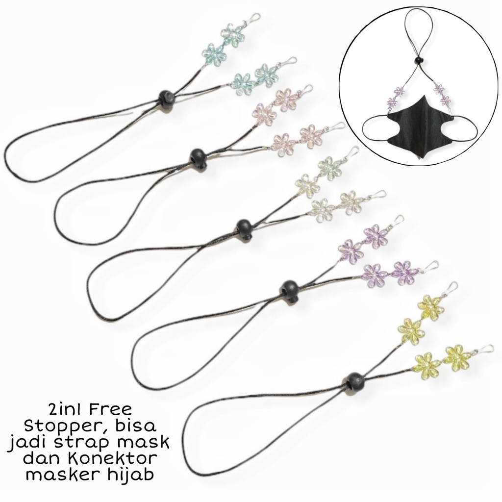 2 In 1 Strap Mask + Konektor Hijab Free Stopper Tali Bunga Jasmine Kalung Masker Connector Flower