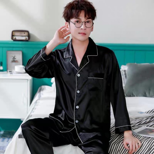 Setelan PP Piyama Baju Tidur Cowok Satin Premium/Set Piyama Polos Pria Lengan Panjang Celana Panjang