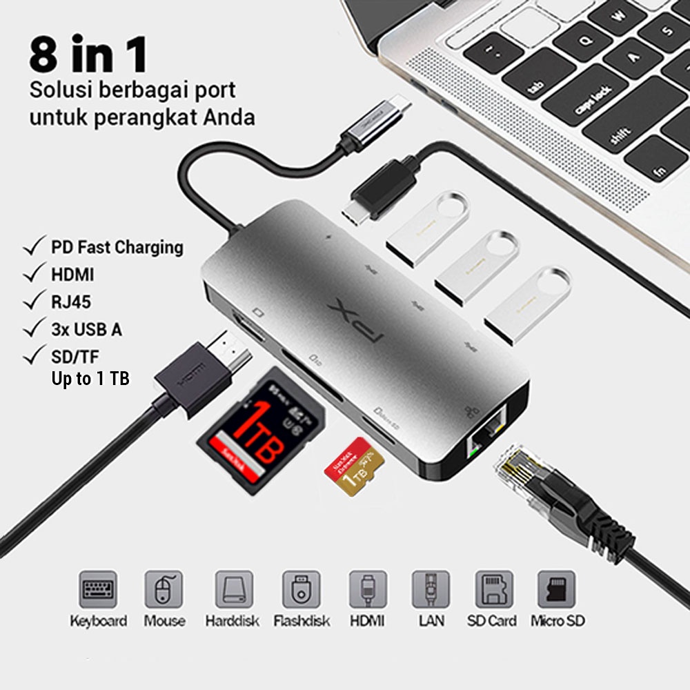 USB HUB C 3.1 HDMI 4K MMC SD CARD LAN RJ45 FAST CHARGING 8in1 PX UCH18