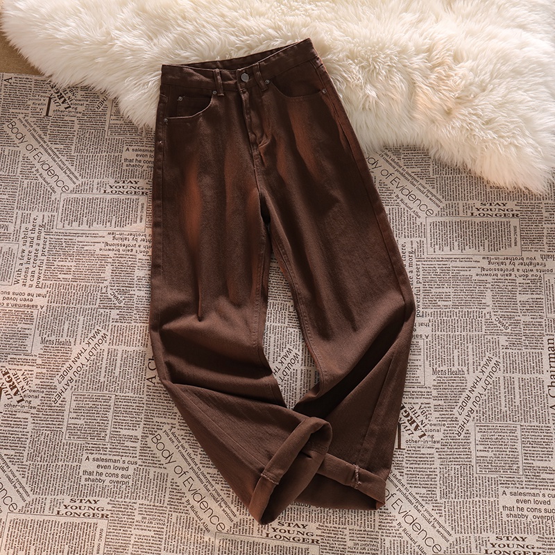 New Celana Jeans Longgar Wanita Pinggang Tinggi Coklat / Puith Korea Baru