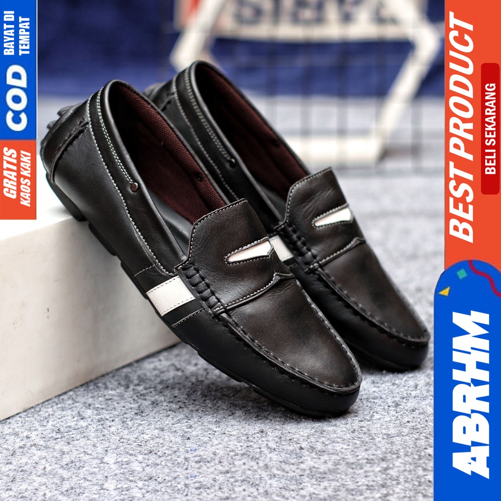 Sepatu Casual Pria Slip On Slop Selop Pansus Santai Kulit Asli Kerja Kantor Kulit Kondangan Hitam Polos Fashion shoes Terbaru Original Murah Kekinian Cowok VELAS ABRHM