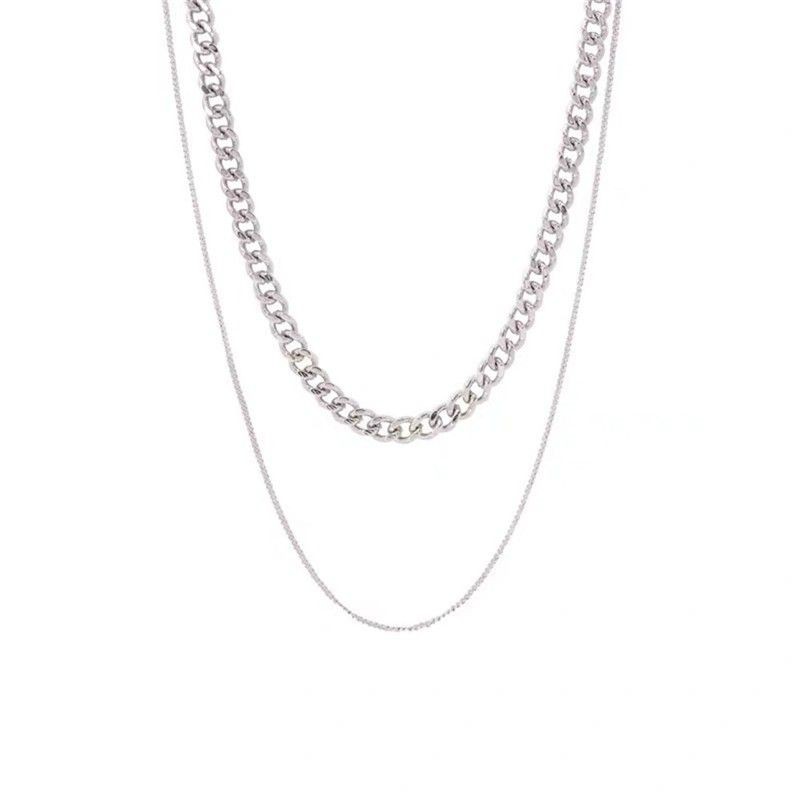 Kalung Double Layer Rantai Silver Polos Plain Silver Chain Multilayer Necklace Gaya Punk Korea