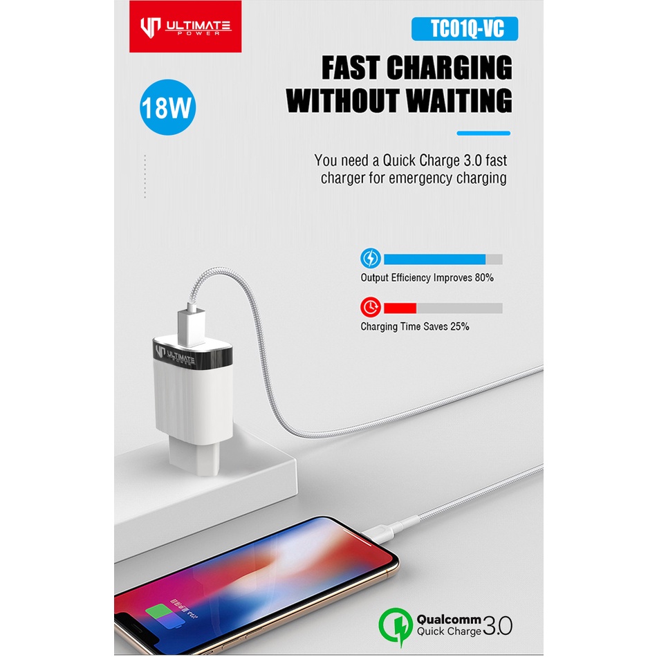 Ultimate TC01Q-VC 1USB Fast Charging Charger 18W QC 3.0 + USB-C Cable