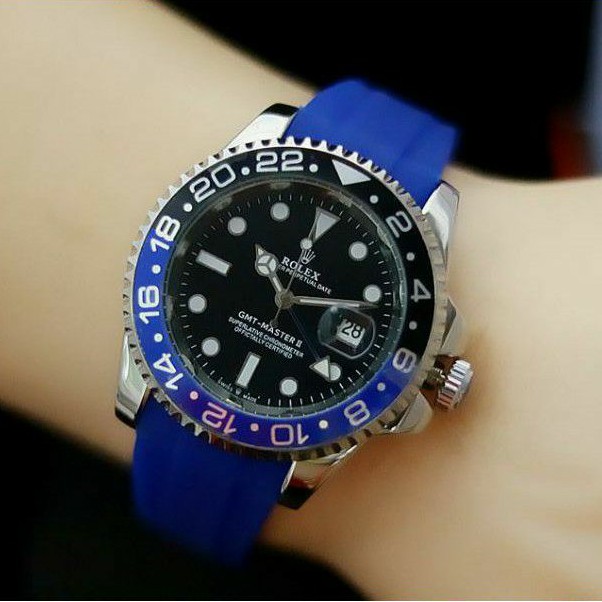 Jam Tangan Pria Rolex GMT Master II Tali Ring Hitam Biru Rubber Super Mewah - Rolex Gmt Tali Biru