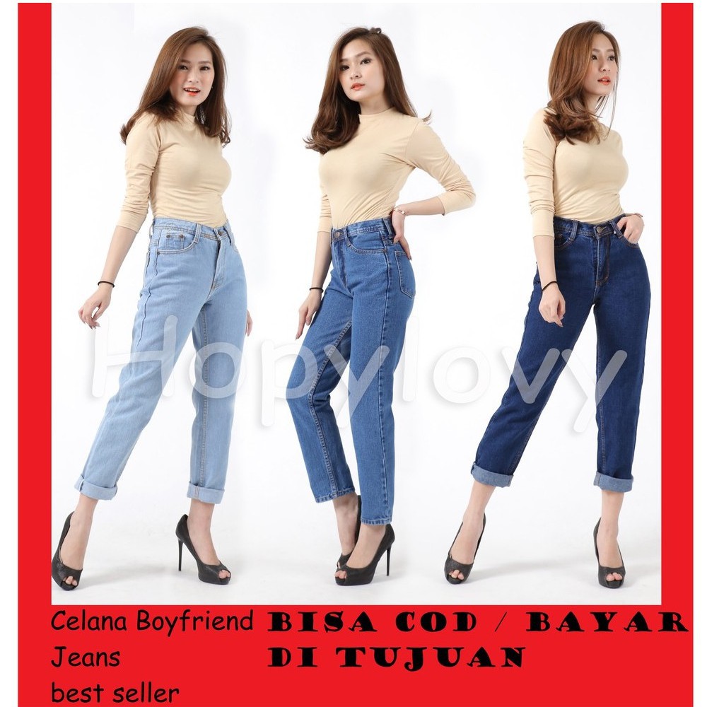 HOPYLOVY - Celana Wanita Plain Boyfriend Jeans BF Promo