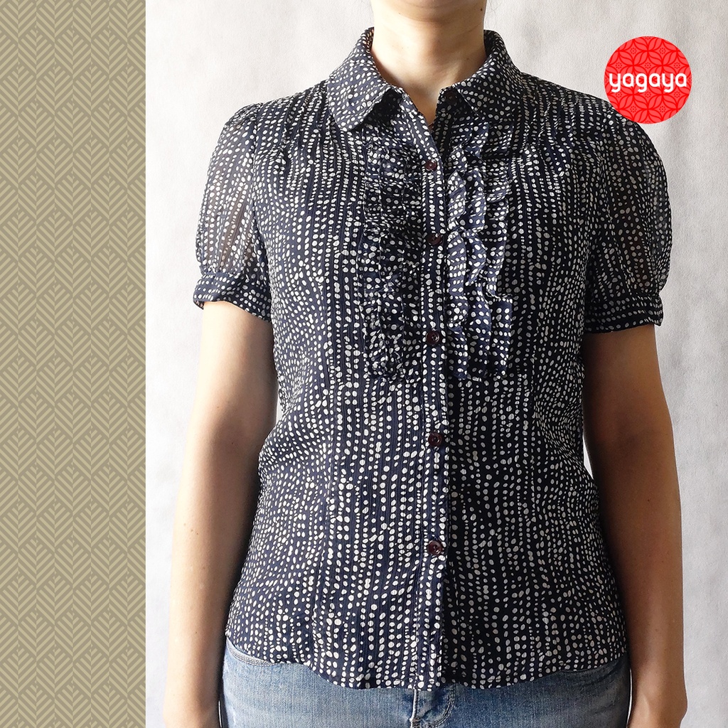 Atasan Kemeja Motif Polkadot Biru Tua Putih - Baju Wanita Blus Blouse