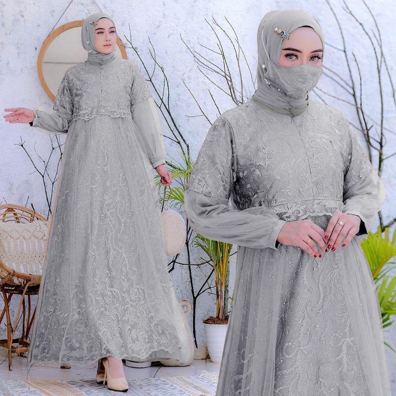 (NEW) SILVA - Baju Gamis BUSUI FREE Masker Brukat Brokat Tile Mutiara Remaja Wanita Perempuan Ibu Mu