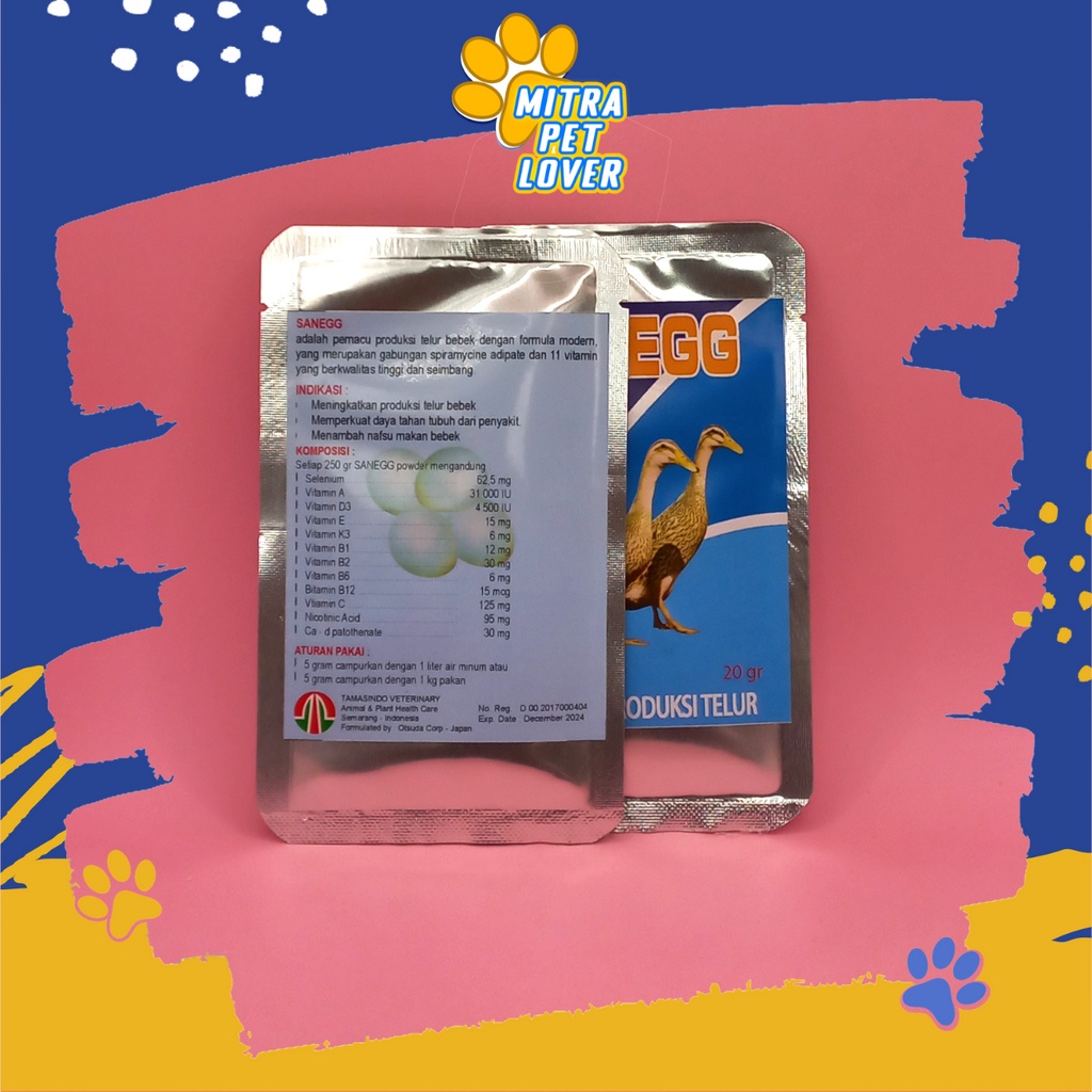 VITAMIN PEMACU PRODUKSI TELUR BEBEK - SAN EGG POWDER 20 GRAM - SERBUK PACU BEBEK CEPAT BERTELOR BANYAK - ITIK DUCK UNGGAS -  SUPLEMEN SANEGG - MURAH GARANSI KUALITAS ASLI ORIGINAL - ANIMAL HEALTHCARE &amp; VETERINARY TAMASINDO OBAT TERNAK HEWAN MITRAPETLOVER