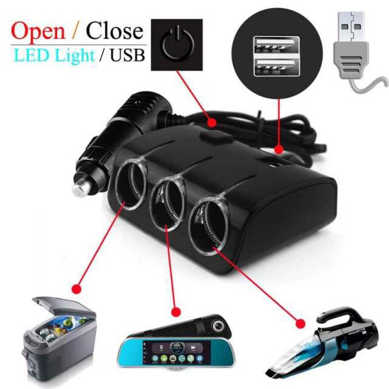Colokan charger port USB lighter mobil truk 3 lubang  hitam 12 volt