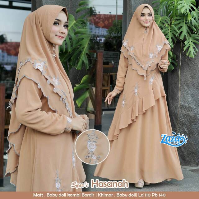 Gamis syari set khimar layer gamis syari bordir bunga gamis layer Syari Hasanah by Zaza