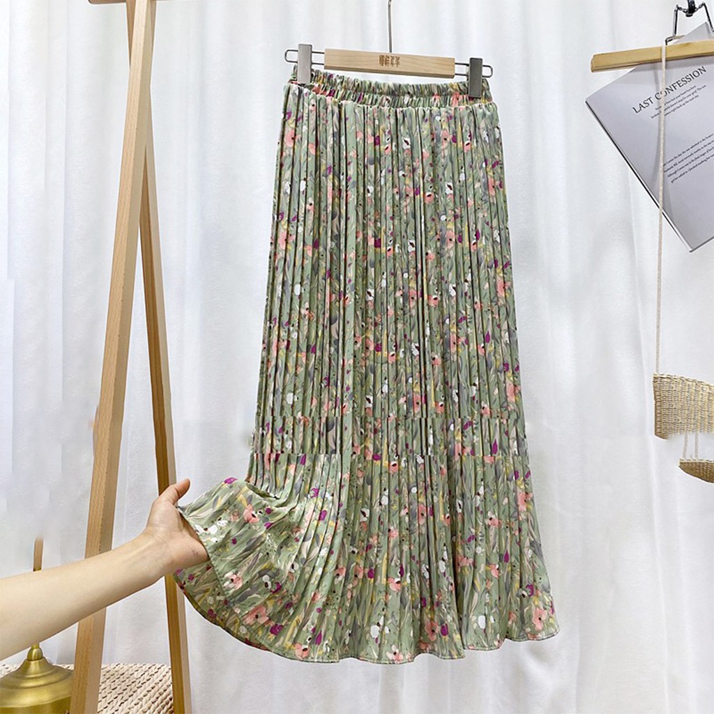 Rok Plisket Prisket Import/ Maxi Skirt Motif Lucu Floral Bunga Vintage Pastel (4 Varian Warna)