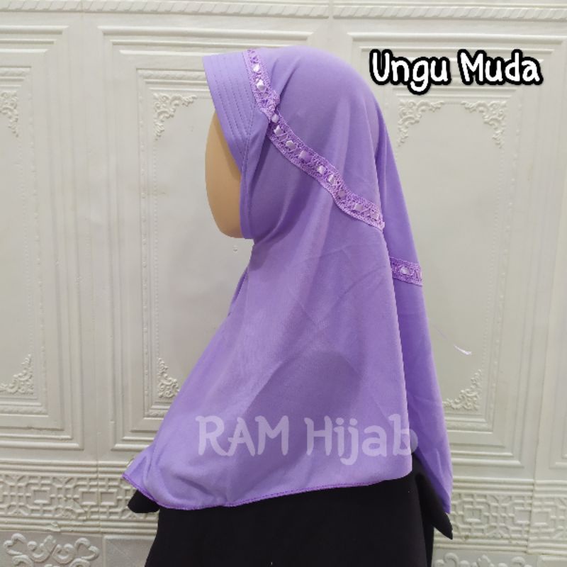 ram hijab kerudung jilbab instan bergo anak sekolah TK SD SMP serut pita atas warna ungu muda
