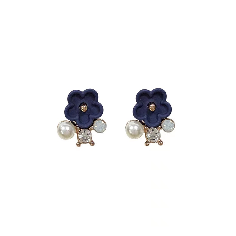 Anting Rhinestone Blue Flower Gold Stud Earring