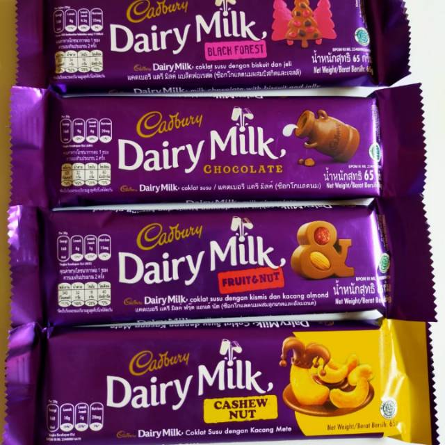 

CADBURY Dairy Milk Variant : Chocolate, Cashew Nut Kemasan 65gram (Seukuran Silverqueen)