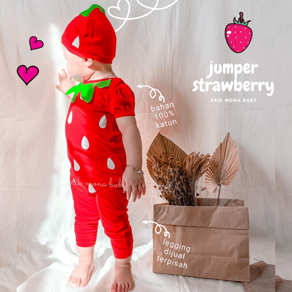Ermon Baby - Jumper Bayi Laki Laki Perempuan Jumper Baby Cowok Cewek Lucu Karakter Buah Strawberry + Topi Usia 0 - 12 Bulan