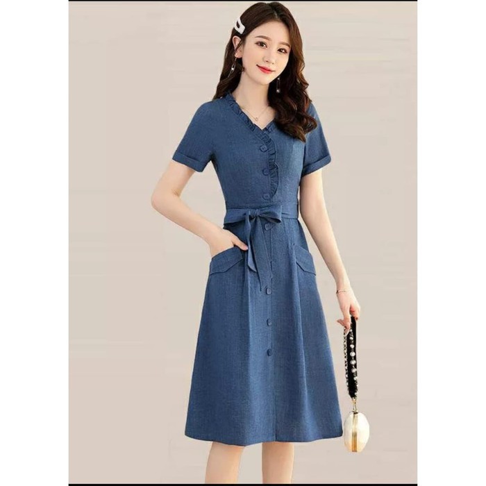 Dress Wanita import / Dress import soft knit [Dress Arsita RO]Dress wanita katun denim biru do 28GND