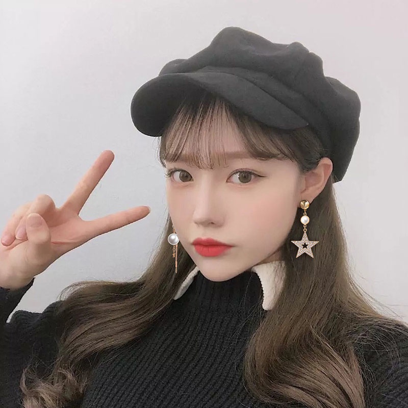 Anting Tusuk Gantung Asimetris Desain Bintang Hias Zircon / Berlian / Mutiara Untuk Wanita