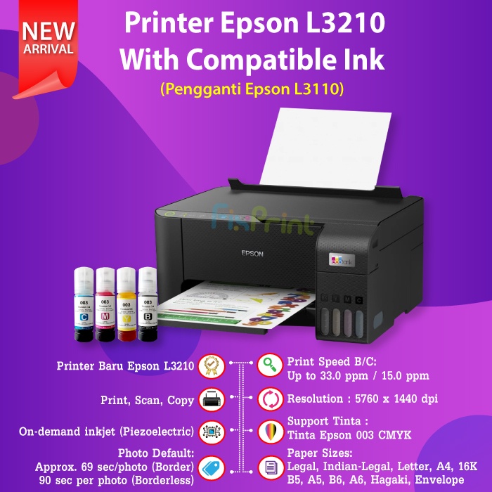 Printer Epson L3210 L3216 Print Scan Copy Pengganti Printer L3110 Tinta 003 C13T00V Printer Scan Copy Print Inkjet Infus AIO