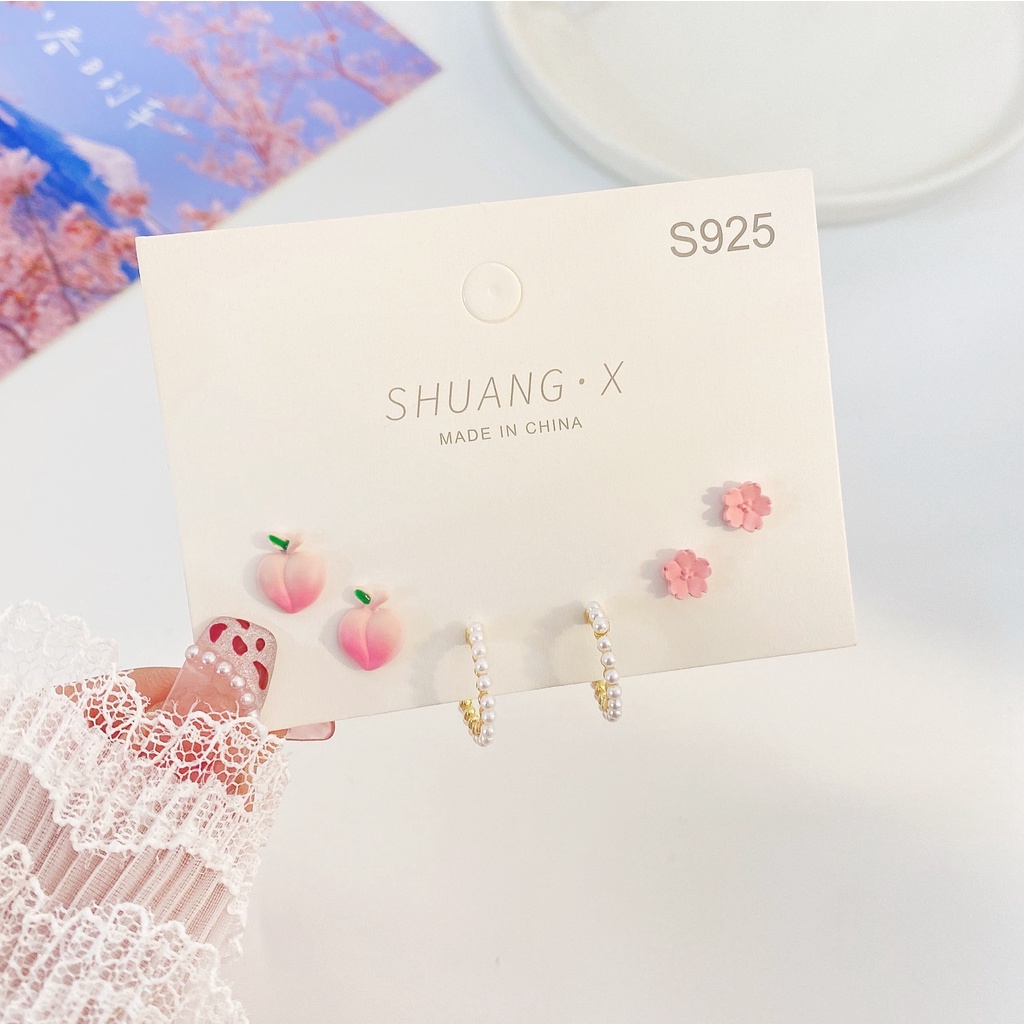 YEEZII Set Perhiasan Anting S925 Silver Solid Color Model Butterfly Fruit Flower Tulip Untuk Wanita