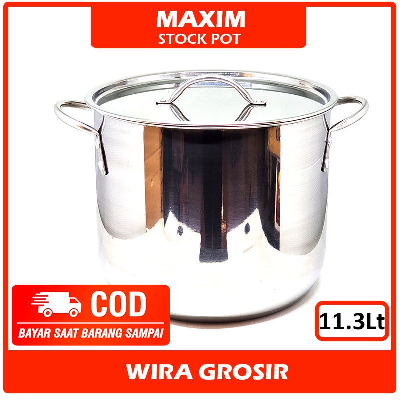 Maxim Panci Besar Stainless + Tutup 11.3 Liter 12QT | Panci Masak Air Stenlis Induksi | Stock Pot Re