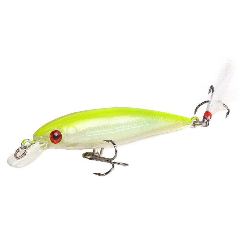 1pcs Umpan Pancing Ikan Minnow Apung 9cm 7g Dengan Kail Bulu Fishing Lure Bass Wobbler Floating Bait