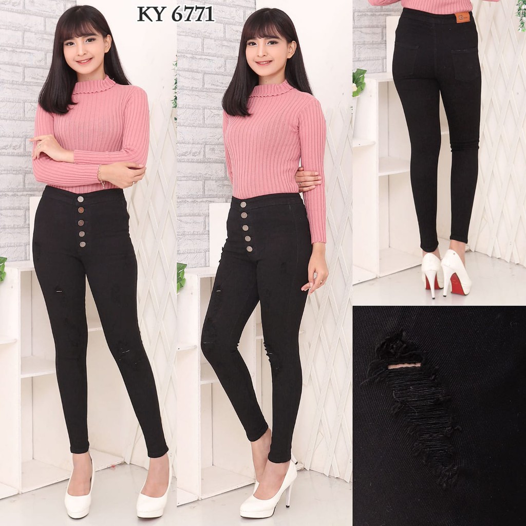 7C-G CELANA JEANS PREMIUM HIGHWAIST KANCING 5 SOBEK HITAM /RIPPED JEANS /27 - 30