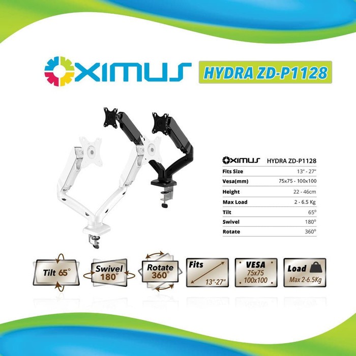 Bracket Oximus Hydra ZD-P1128 (13&quot;- 27&quot;) Bracket Jepit Meja 2 LCD HITAM