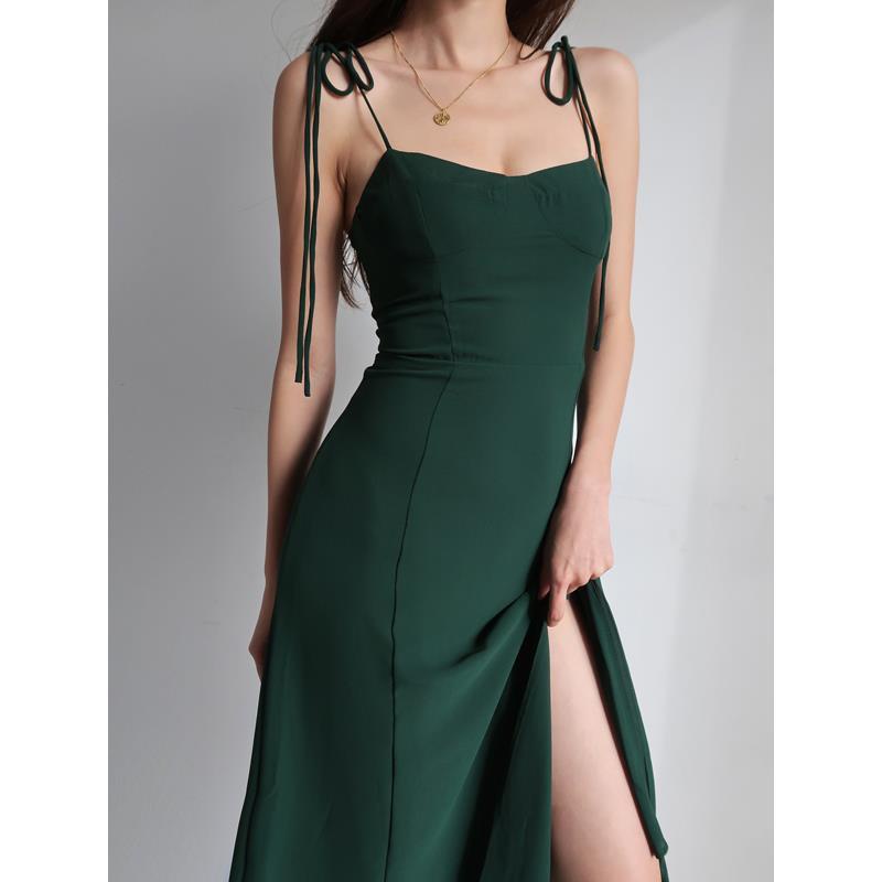 French dark green high waist suspender skirt retro sexy waist side slit tie dress beach holiday skir