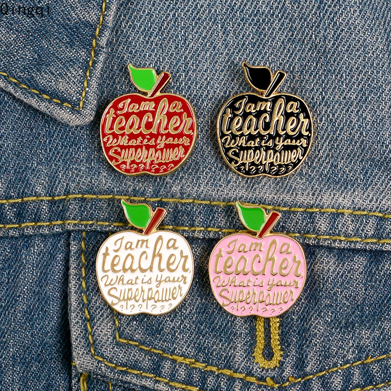 Bros Pin Enamel Desain Kartun Buah Apel Merah Muda Tulisan I Am A Teacher