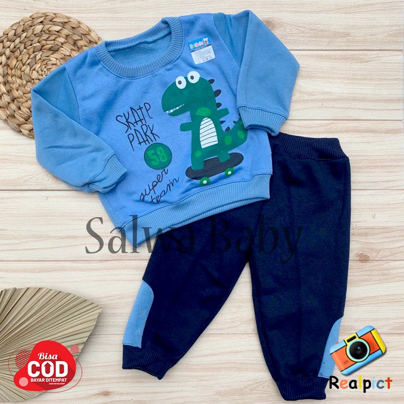 Setelan Baju Bayi Setelan Sweater Bayi Joger Bayi Bahan Pleece Karaketr Dino Usia 3-12 Bulan Almeera Baby and Kids