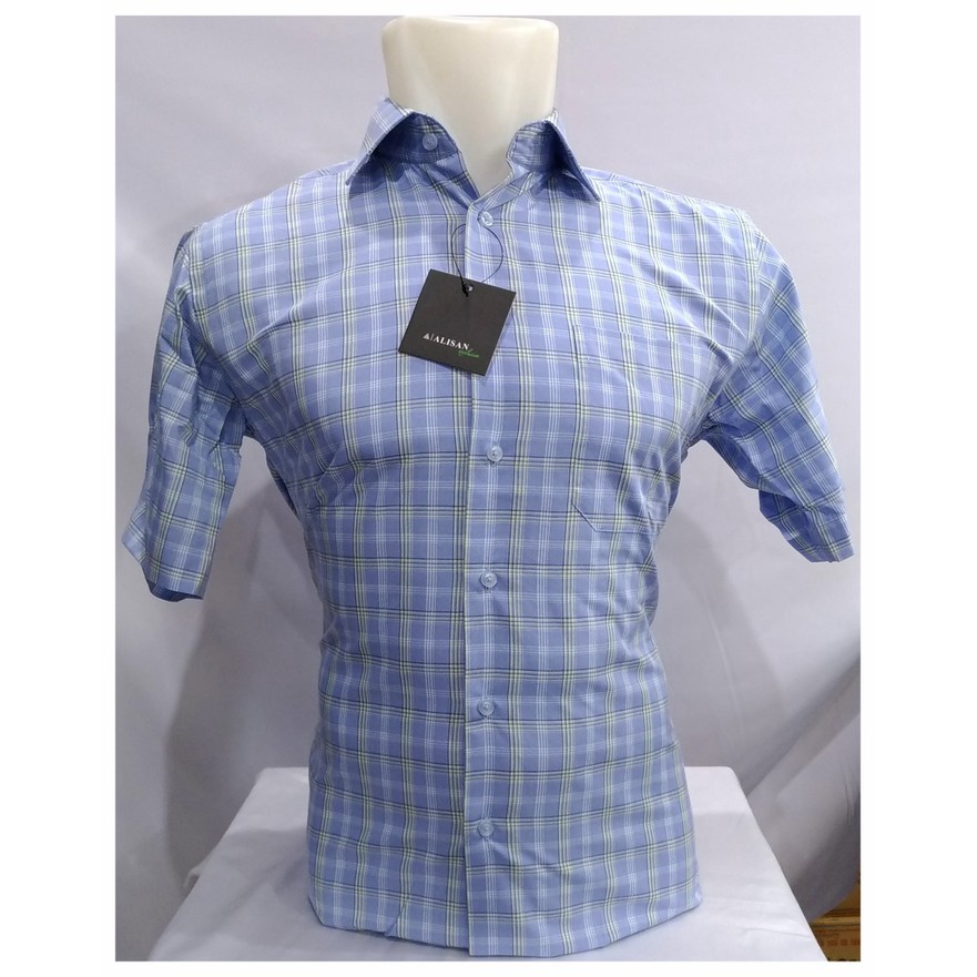 Alisan Kemeja Pria Pendek Reguler Kotak Basic Biru Abu