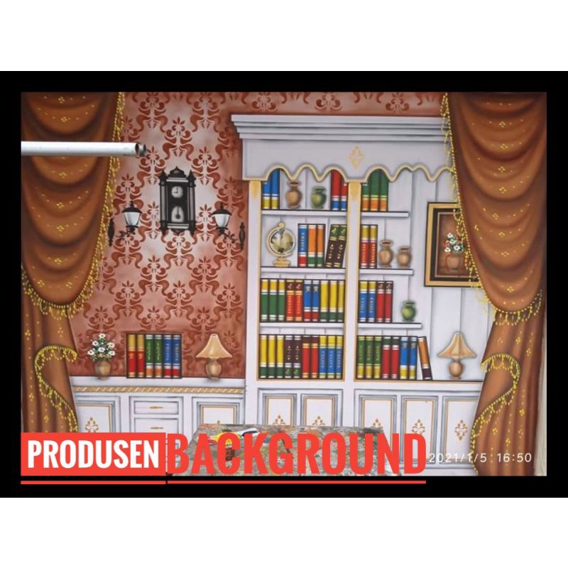 Kain Background Wisuda 3x2,5m Rak Buku Putih Tirai Coklat Studio Photo Backdrop
