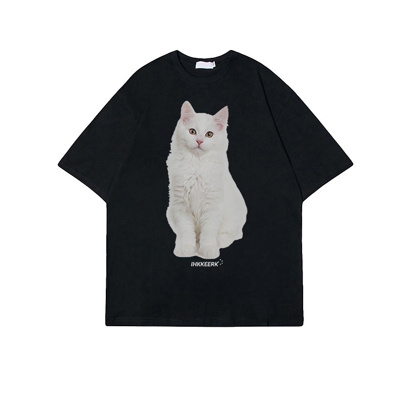 Korean Style Cat Kaos Putih Atasan Wanita Lengan Pendek Oversize Printed T-shirt Baju Wanita Kekinian