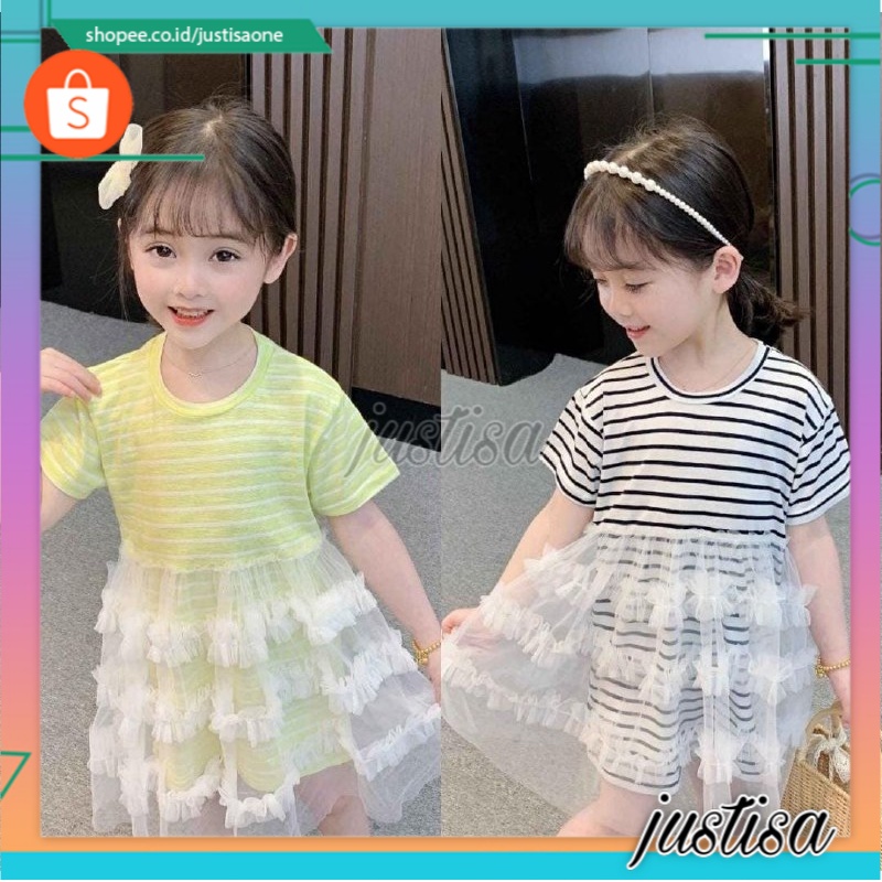 Promo !! Dress anak perempuan - dress pile of lace striped import uk6bln-2thn (putih,kuning) (DOMINAN PUTIH)