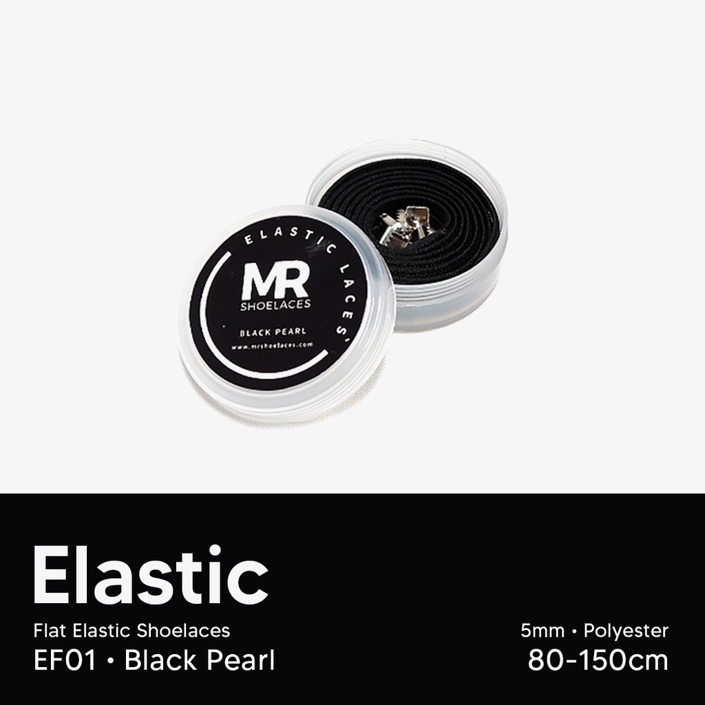 Original MR Shoelaces EF01 Elastic Black Hitam Tali Sepatu Flat Elastis (Karet Lentur) with Metal Clip / Lock 80cm 100cm 120cm 150cm - Premium Shoelace