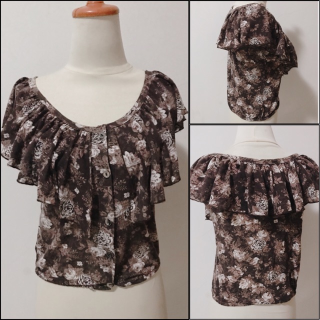 Baju BLouse Wanita Perempuan Cewek Women Top rumbai chocoLate FLower bunga coklat kasual feminin