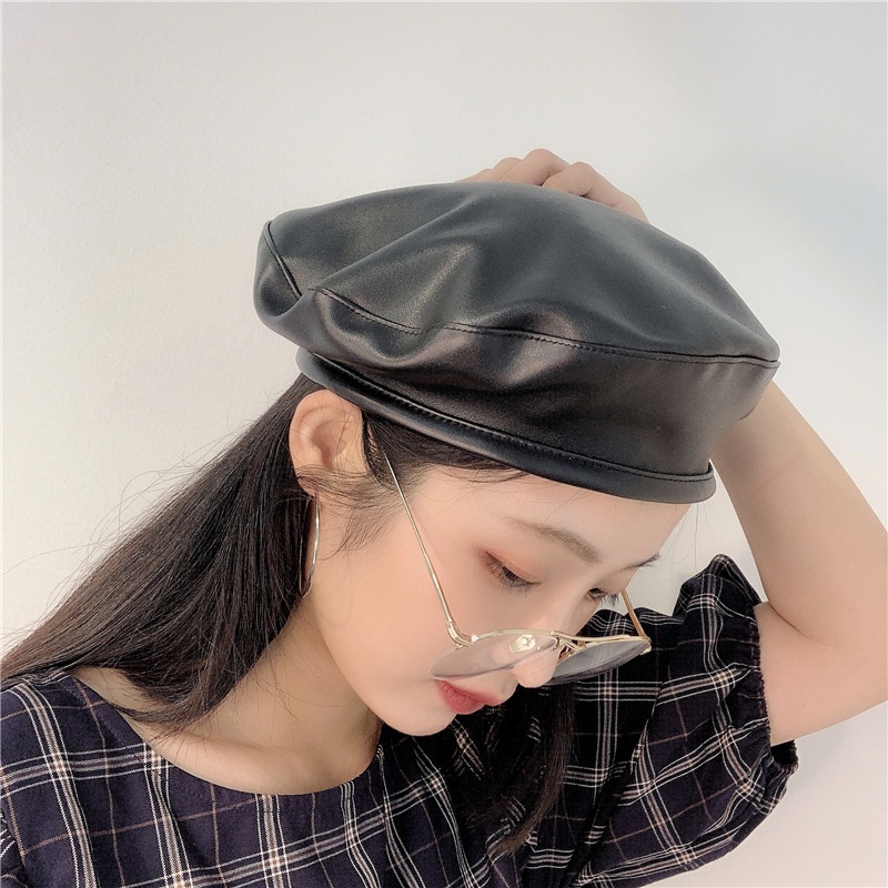 Topi Baret Bahan Kulit PU Gaya Korea Untuk Wanita