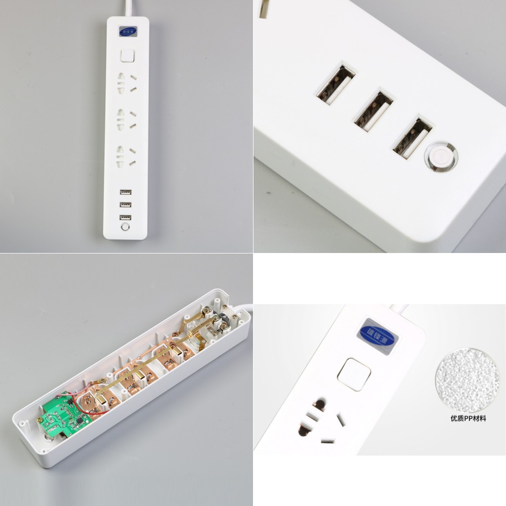 Grab Medan Powerstrip 3 USB Port + 3 Electric Plug dengan LED Indikator - White